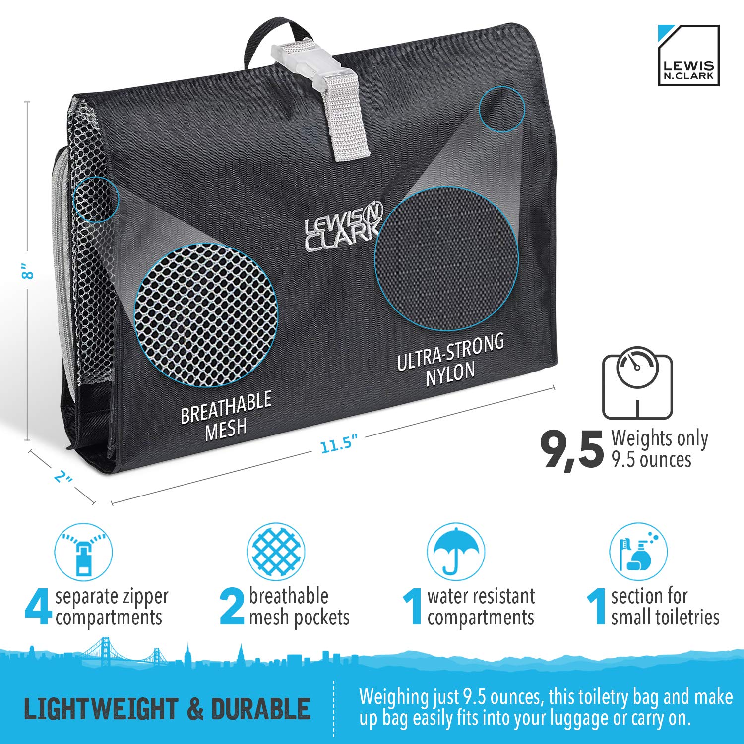 Lewis N. Clark Hanging Toiletry Bag for Travel Accessories, Shampoo, Cosmetics + Personal Items with Waterproof Compartment and Folding Design, Black