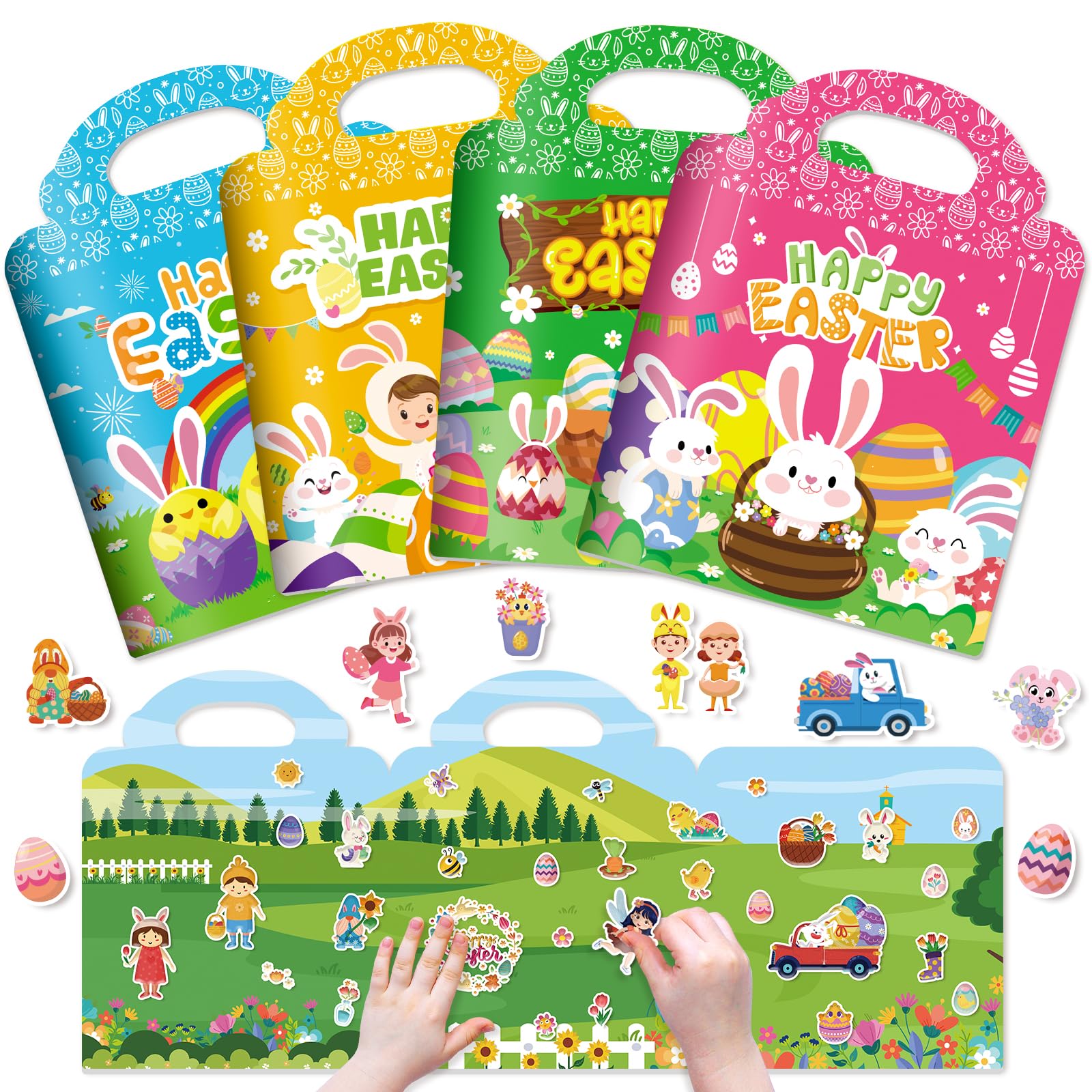 4 Pack Easter Reusable Sticker Book for Toddlers 1-3, Easter Stickers Bulk for Kids 3-5, Easter Crafts Basket Stuffer Activity Book, Baby Easter Toys Gifts Basket Stuffers Essentials for Boys Girls