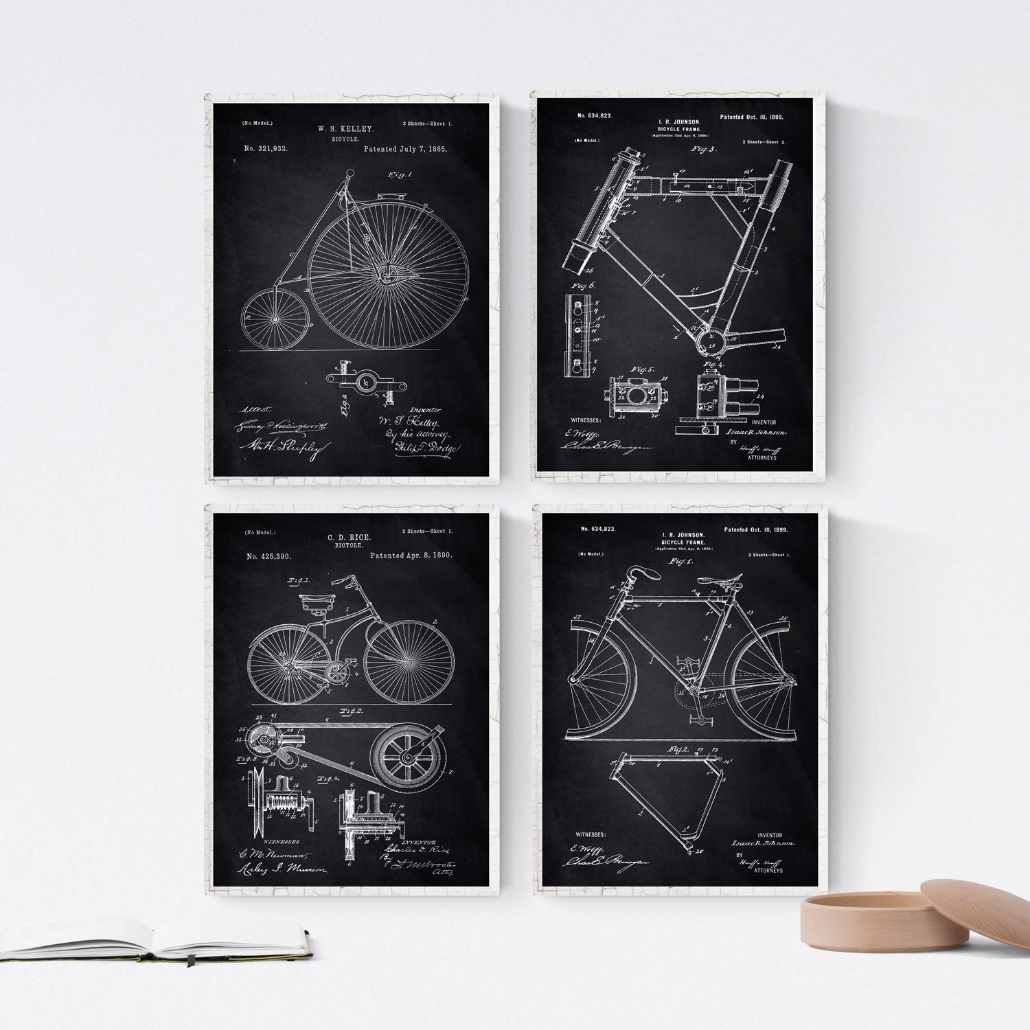 Nacnic BLACK - Pack of 4 sheets with Patent BICYCLES. Set posters with inventions and old patents. Choose the color you like. Printed on 250 grams