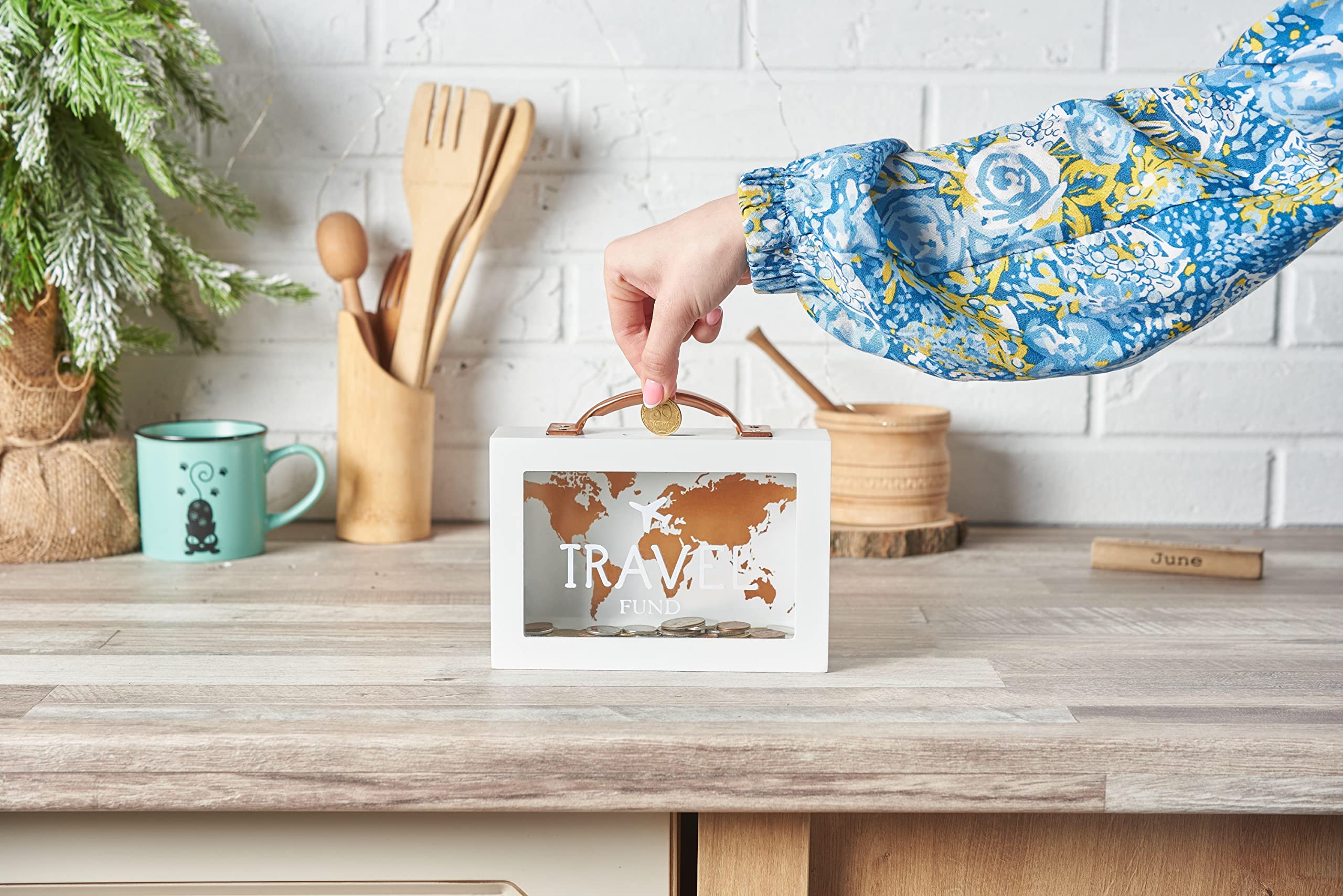 Shadow Money Box for Travel Savings - Coin Bank for Adults - Vacation Jar - White Saving Box With Handle - Honeymoon Fund - Adventure Fund