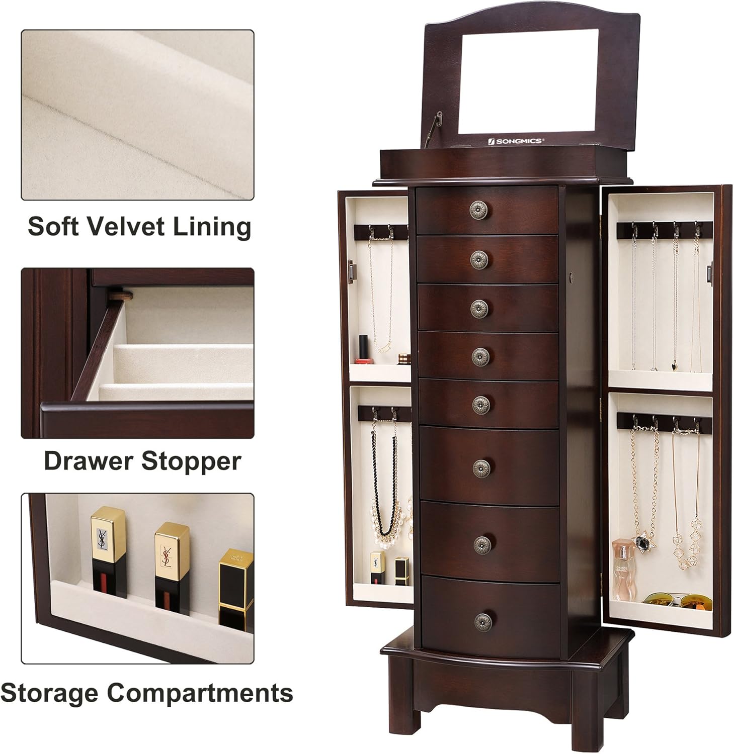 SONGMICS Jewelry Armoire Cambered Front Storage Chest Stand