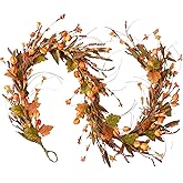 Fall Garland for Front Door, 82" Autumn Orange Maple Floral Wreath with Forsythia, Harvest Garland for Festival Thanksgiving Farmhouse Wall Home Decor