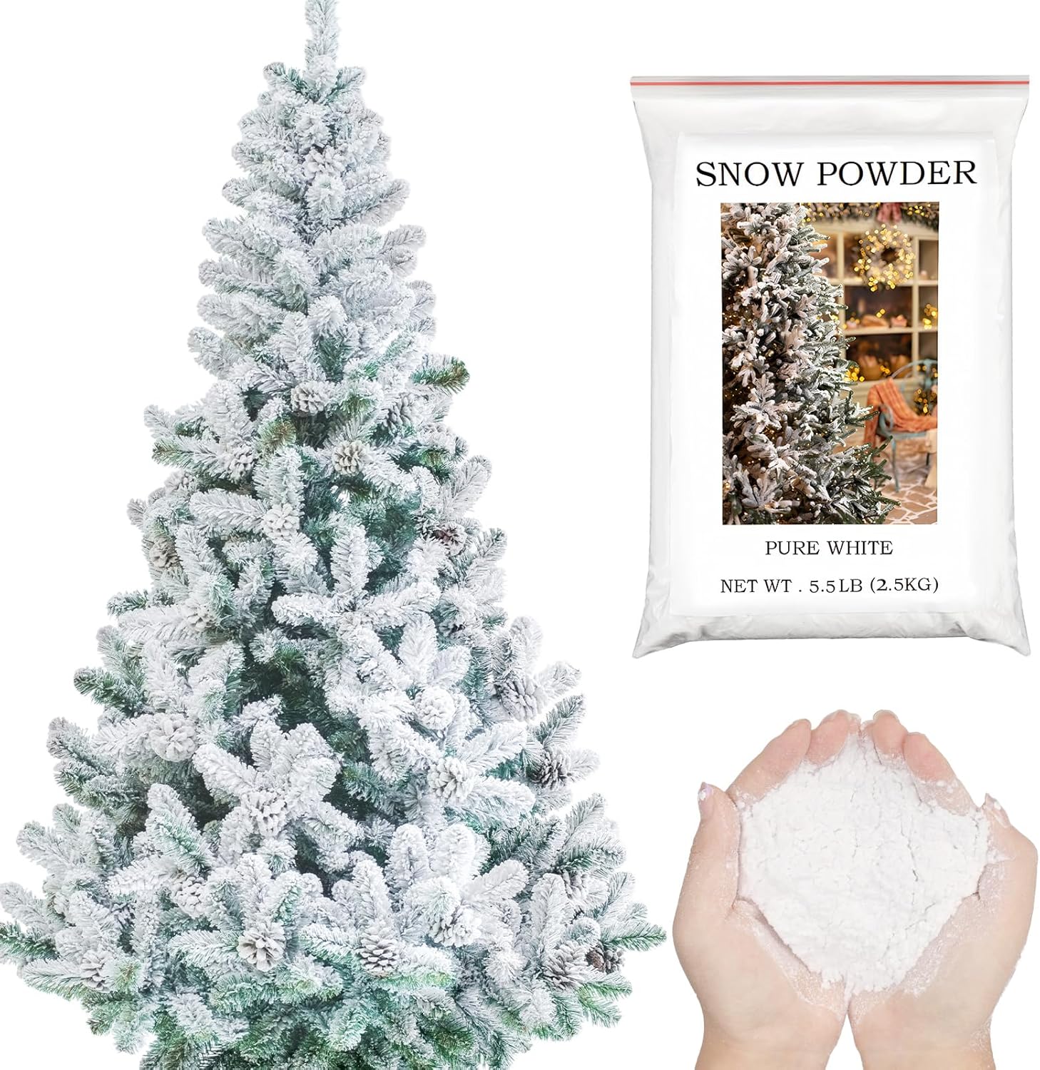 Artificial Snow - Ganeen Christmas Self Adhesive Snow Flock Artificial Fake Snow Powder Snow Flocking Instant Snow Decorations Holiday Crafts for Christmas Tree Garlands Village Home (5.5 lb/ 2.5 kg)