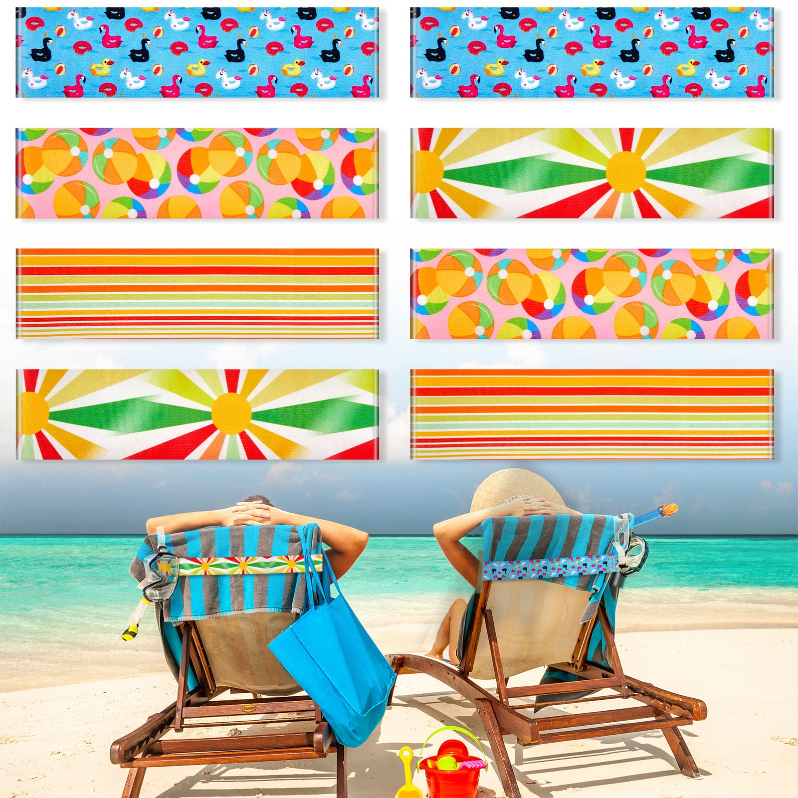 8 Pack Towel Bands for Chairs - Beach Towel Clips Strap Holders Elastic Windproof for Lounger, Pool, Summer - Rainbow Style, 11.81 x 1.97 Inch