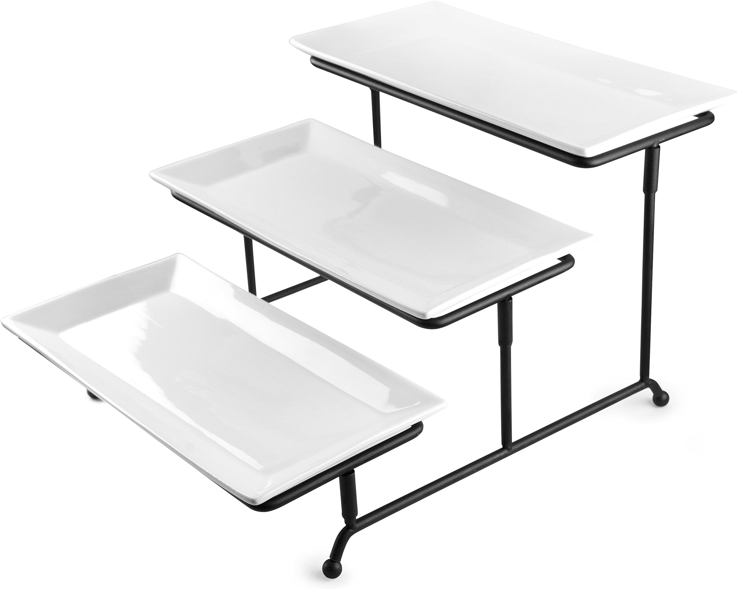 Tiered Serving Set - Thicker, Adjustable Sturdy Metal Rack - 3-Tier White Porcelain 12 x 6 Platter Set (White Porcelain, 3-Tier) by Maki