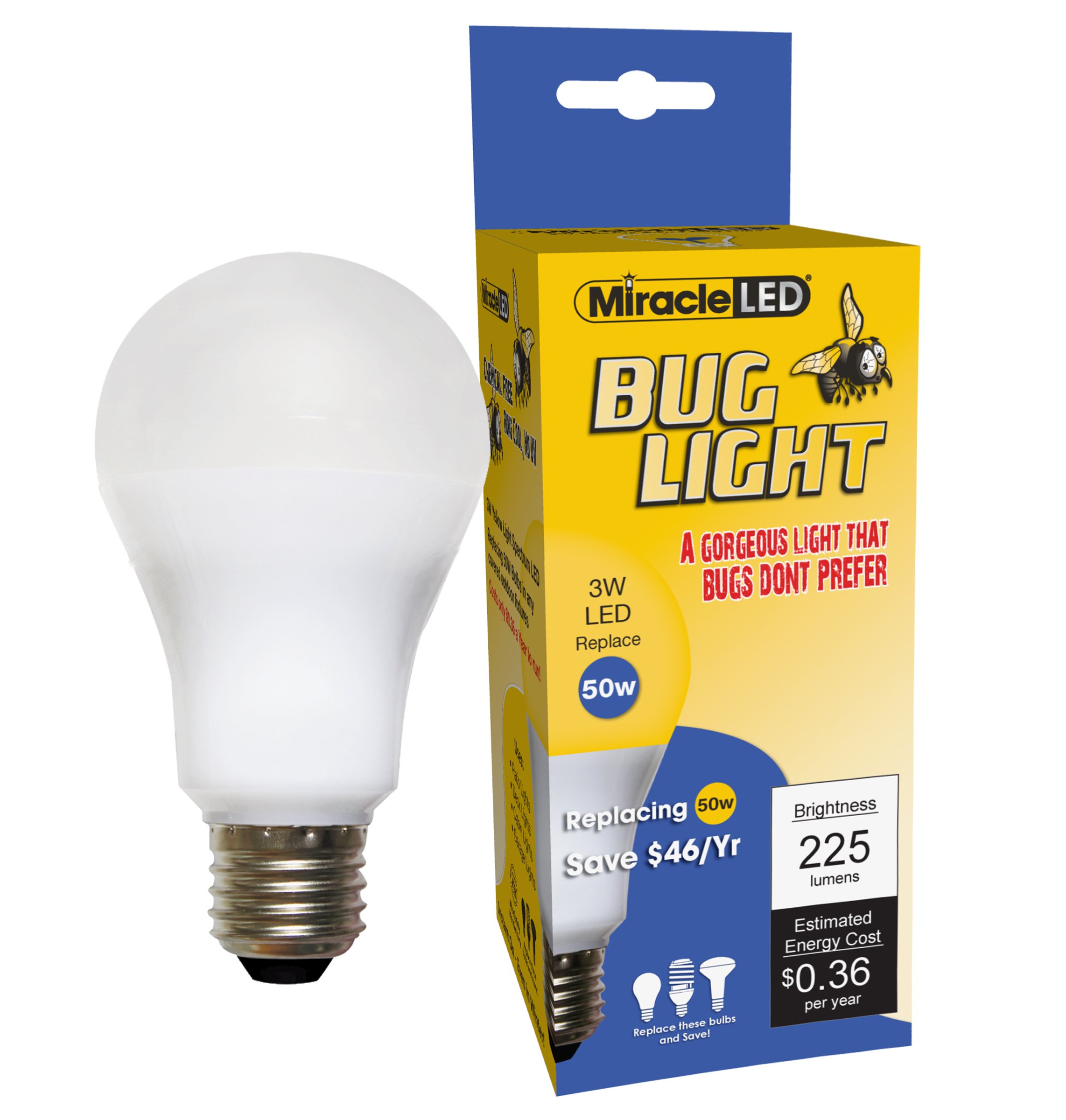 Photo 1 of MiracleLED Bug Light Bulb, Yellow, Replaces Energy Sucking Old 50 and 60 Watt Bug Lights on Your Porch and Patio with Amazing Mellow Yellow Shine (605023)