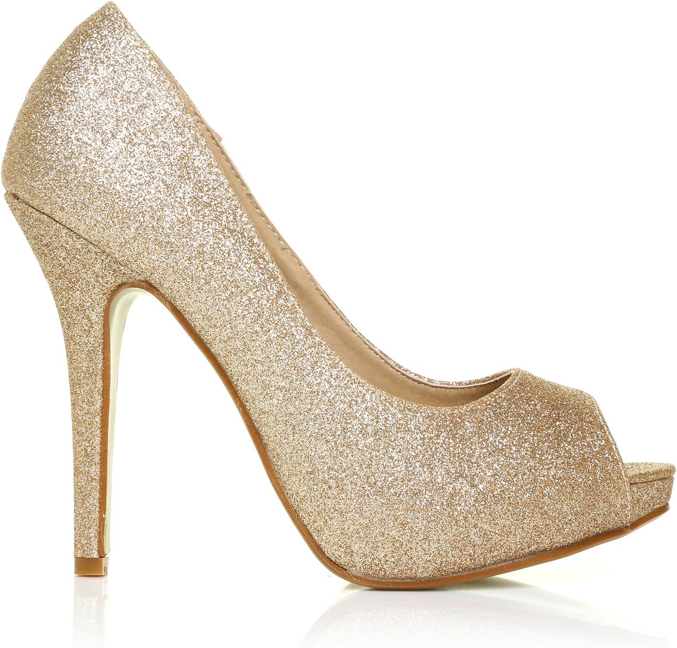 TIA Champagne Glitter Stiletto High Heel Platform Peep Toe Shoes