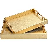 MACVAD 2 Piece Woven Leather Ottoman Tray with Gold Handles, Perfect Rectangular Serving Tray for Living Room, Coffee Table Home Decor Enthusiasts (Golden)