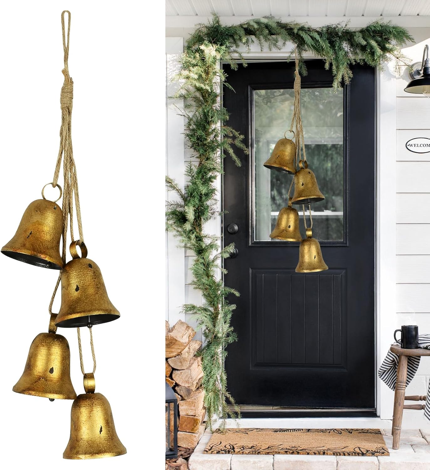 Ornaments - Styleonme Decorative Bells, Christmas Decor Bells, Metal Indoor and Outdoor Blessing Bells, 4-Piece Set of Harmonious Bells, Vintage Handmade and Rustic Lucky Christmas Bells Hanging on a Rope