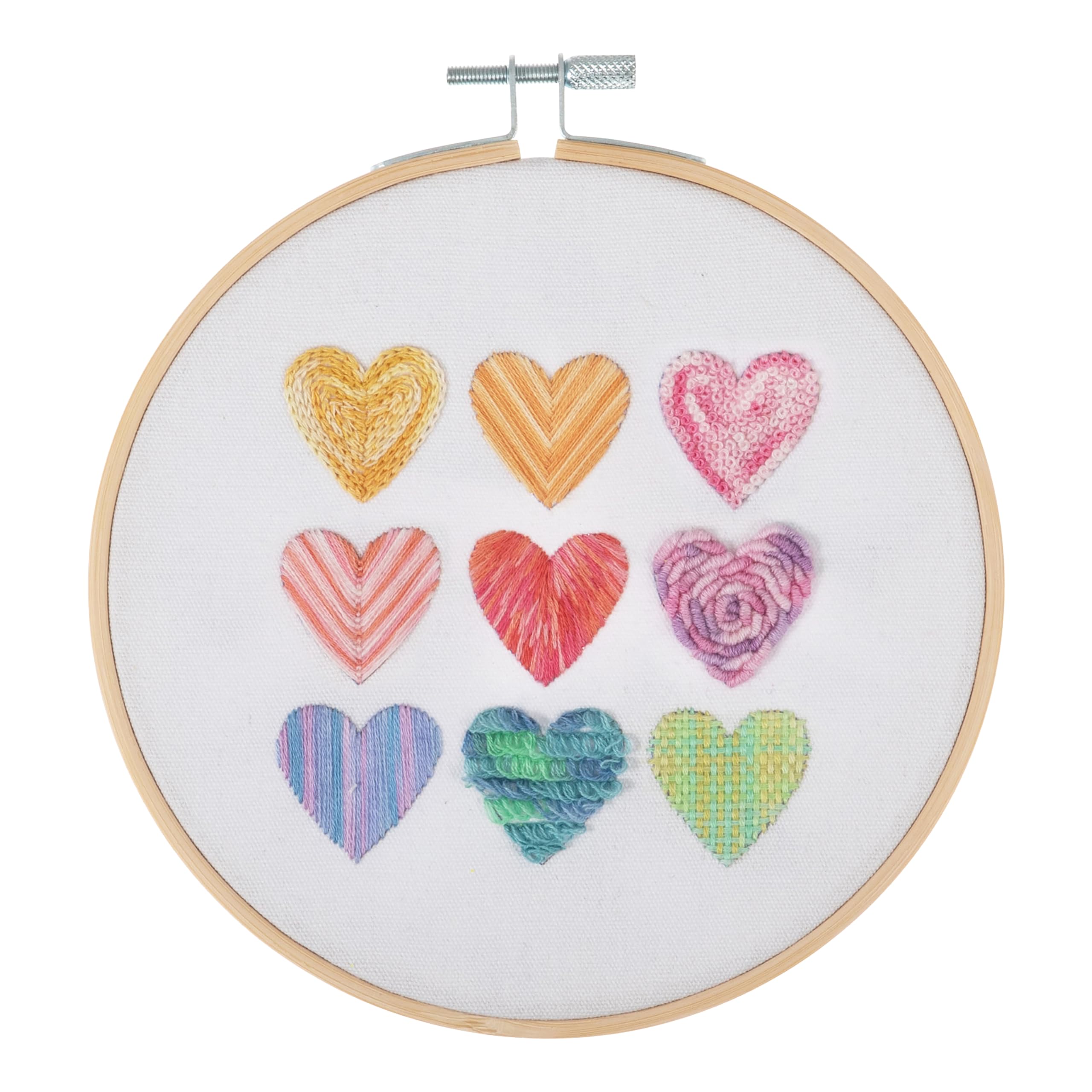 Trimits Embroidery Hoop Kits - 15cm 6” Beginner Starter Set, Includes Bamboo Hoop Threads Cloth Needle Backing & Instructions, Ombre Hearts — image 1