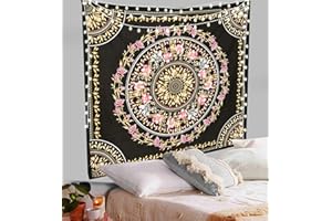 ANJANIYA Floral Wall Hanging Boho Tapestry, Mandala Dorm Décor Tapestry for Room, Beach, Wall, Psychedelic Hippie Wall Hanging Décor and Beach Coverlet Curtain (Black, 54"X60")