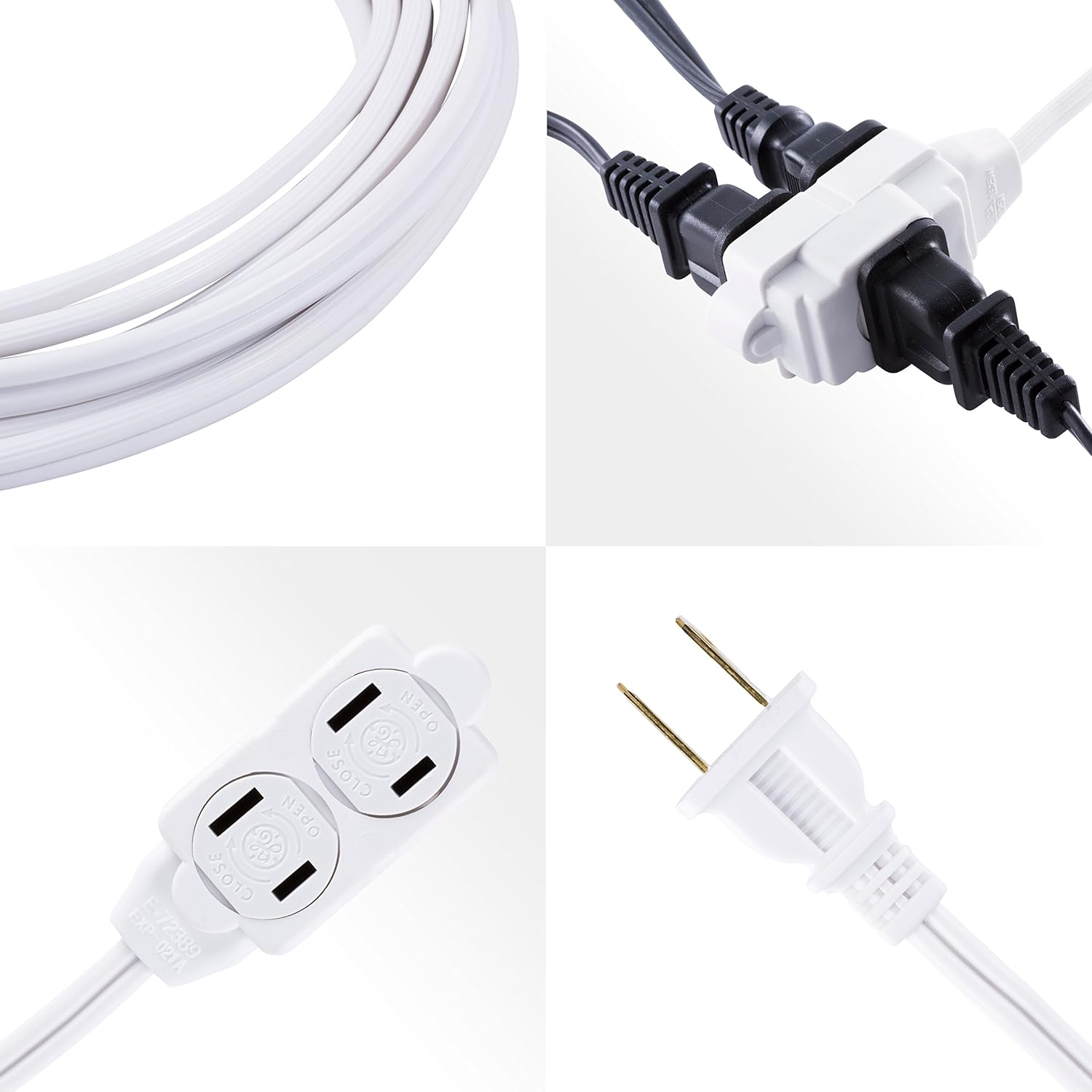 GE 12 Ft Extension Cord, 3 Outlet Power Strip, 2 Prong, 16 Gauge, Twist-to-Close Safety Outlet Covers, Indoor Rated, Perfect for Home, Office or Kitchen, UL Listed, White, 51954 - Electronics Power Cables - 