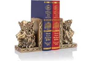 BOIHEGU Lion Statue Bookends, 7 inch Resin Exquisite Lion Statue(Set of 2) Heavy Duty Non-Skid Decorative Bookends, Antique Gold Accent Lion Gifts for Men Father Leo Home Office Desk Shelf Decor