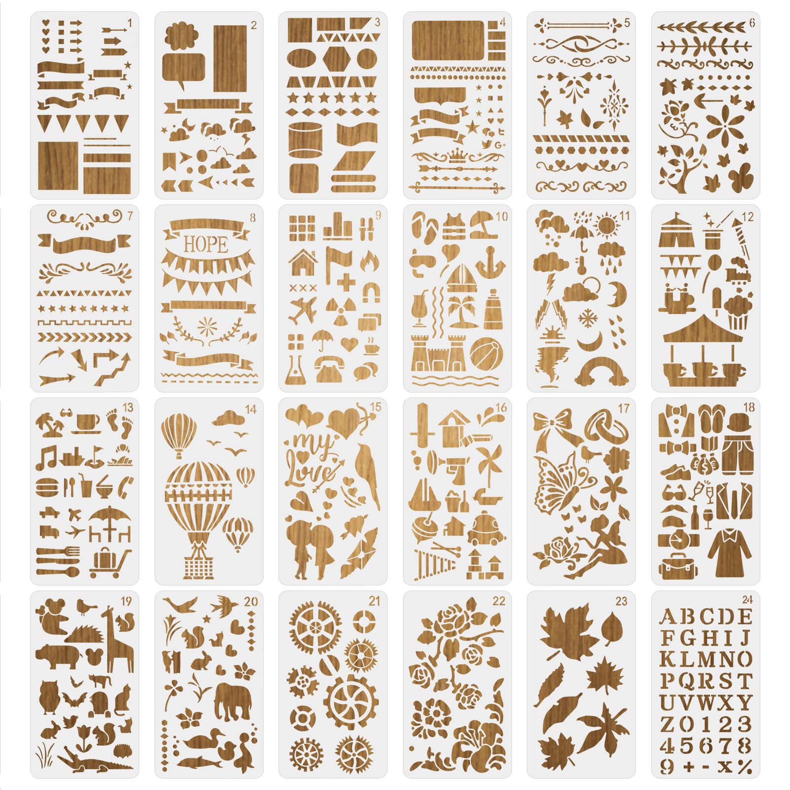 MWOOT 24Pcs Bullet Art Journal Stencils Set, Planner Stencil Drawing Painting Template, Reusable Diary Journaling DIY Accessories for Scrapbook Notebook Log Wood Wall Art Decor (17.8x10.4CM)