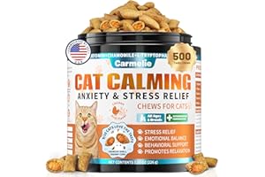 CARMELIE Cat Calming Treats, 500 Crunchy & Creamy Calming Cat Treats with Melatonin, Chamomile for Cats Stress and Anxiety Relief - Travel, Boarding, Vet Visits, Separation Anxiety, Chicken and Krill Flavored
