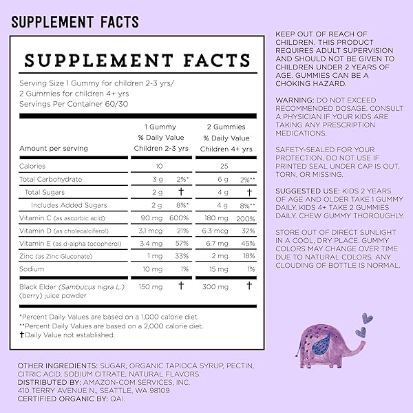 AMAZON BRAND – MAMA BEAR, VEGETARIAN KIDS BLACK ELDERBERRY GUMMIES 300 MG WITH VITAMINS C, D, E AND ZINC – IMMUNE SYSTEM SUPPORT – 60 GUMMIES (1 TO 2 MONTH SUPPLY), NON-GMO, GLUTEN FREE