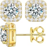 Moissanite Halo Earrings Square 18k Gold Plated 0.56-2.4CT 6-10mm D Color VVS1 Clarity Moissanite Stud Earrings For Women Men Square Stud Earrings 925 Sterling Silver Hypoallergenic Earrings