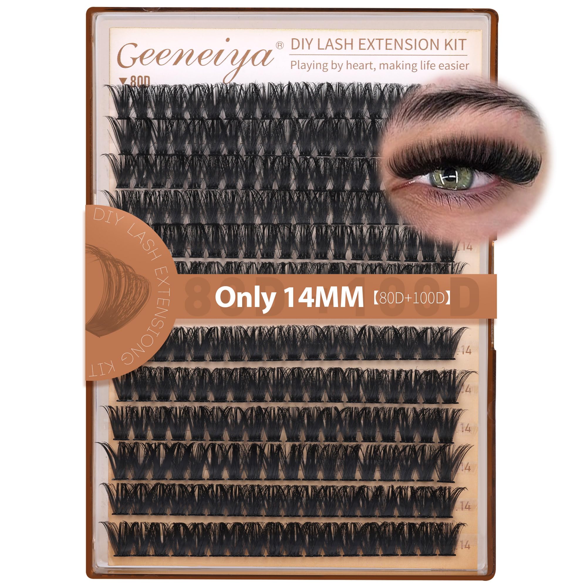 Photo 1 of Geeneiya 14MM Volume Lash Clusters Kit DIY Lash Extension Kit D Curl Eyelash Extensions with Waterproof Lash Bond and Seal Waterproof Tweezers, Only 14MM, 80D+100D