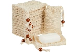 Cunhill 80 Pack Soap Saver Bag Exfoliating Sisal Soap Pouch with Drawstring Bar Wooden Bead Foaming and Drying Exfoliating Net for Bath and Shower (3.5x5.5 Inch)
