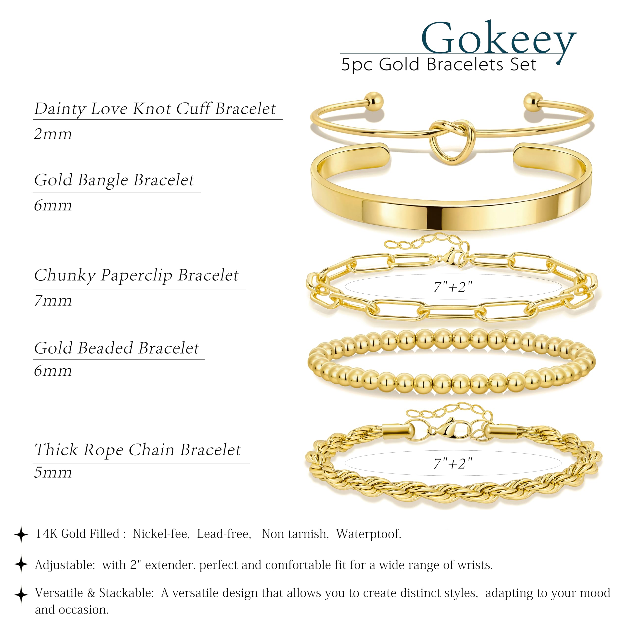 Gokeey Christmas Gold Bracelets for Women Non Tarnish, 14K Gold Plated Chunky Cuff Bracelet Stackable Gold Bangles Bracelet for Women Trendy Tie Knot Cuban Rope Paperclip Beaded Bracelet Stack Jewelry Stocking Stuffer Gifts Fashion Accessories