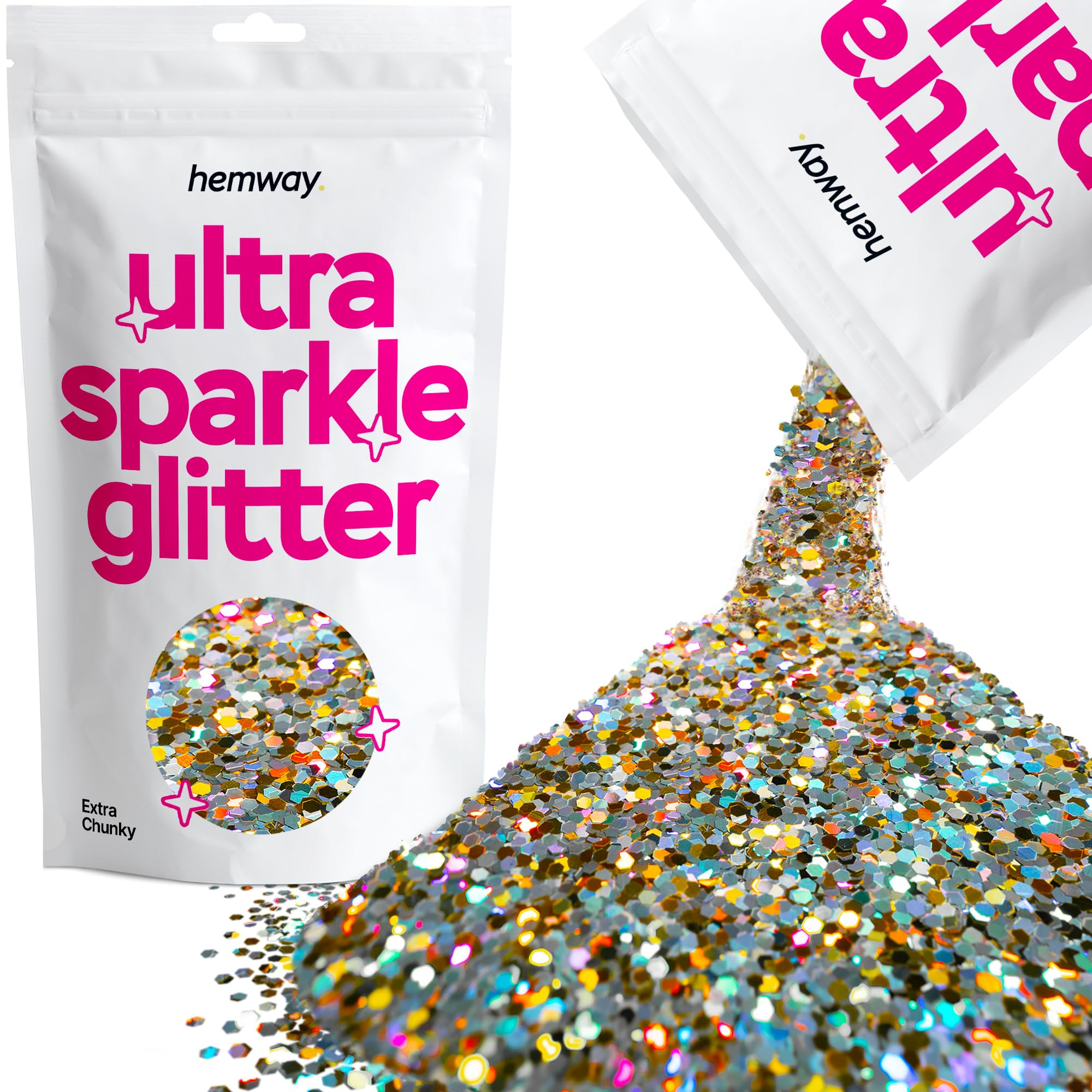 Hemway Ultra Sparkle Glitter Gold Silver Holographic 100g Extra Chunky | Glitter for Arts & Craft, Makeup, Nail Art, Crafting, Card Making, Sparkle Decoration