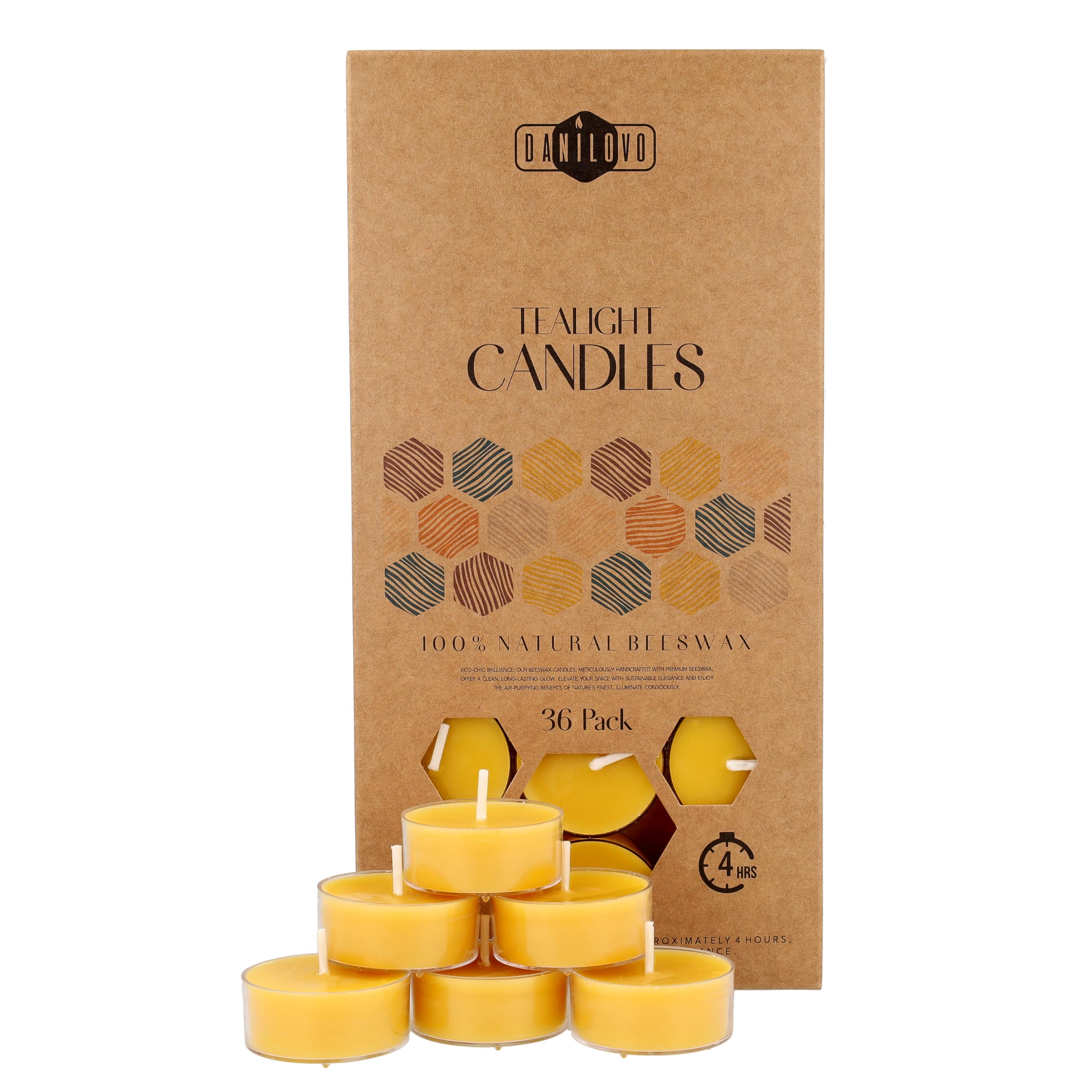 Danilovo Pure Beeswax Tealight Candles w/Cotton Wicks - Pack of 36 4-Hour Burning Time Votive Candles Crafted by Recycled Plastic