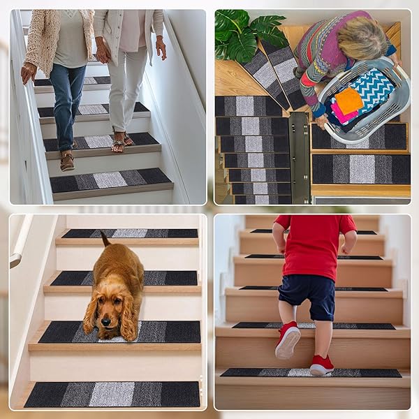 OLANLY STAIR TREADS NON SLIP 4PCS, 8″ X 30″ INDOOR STAIR RUNNERS FOR WOODEN STEPS, EDGING STAIR RUGS WITH REUSABLE PEEL AND STICK ADHESIVE FOR KIDS ELDERS AND PETS, BLACK