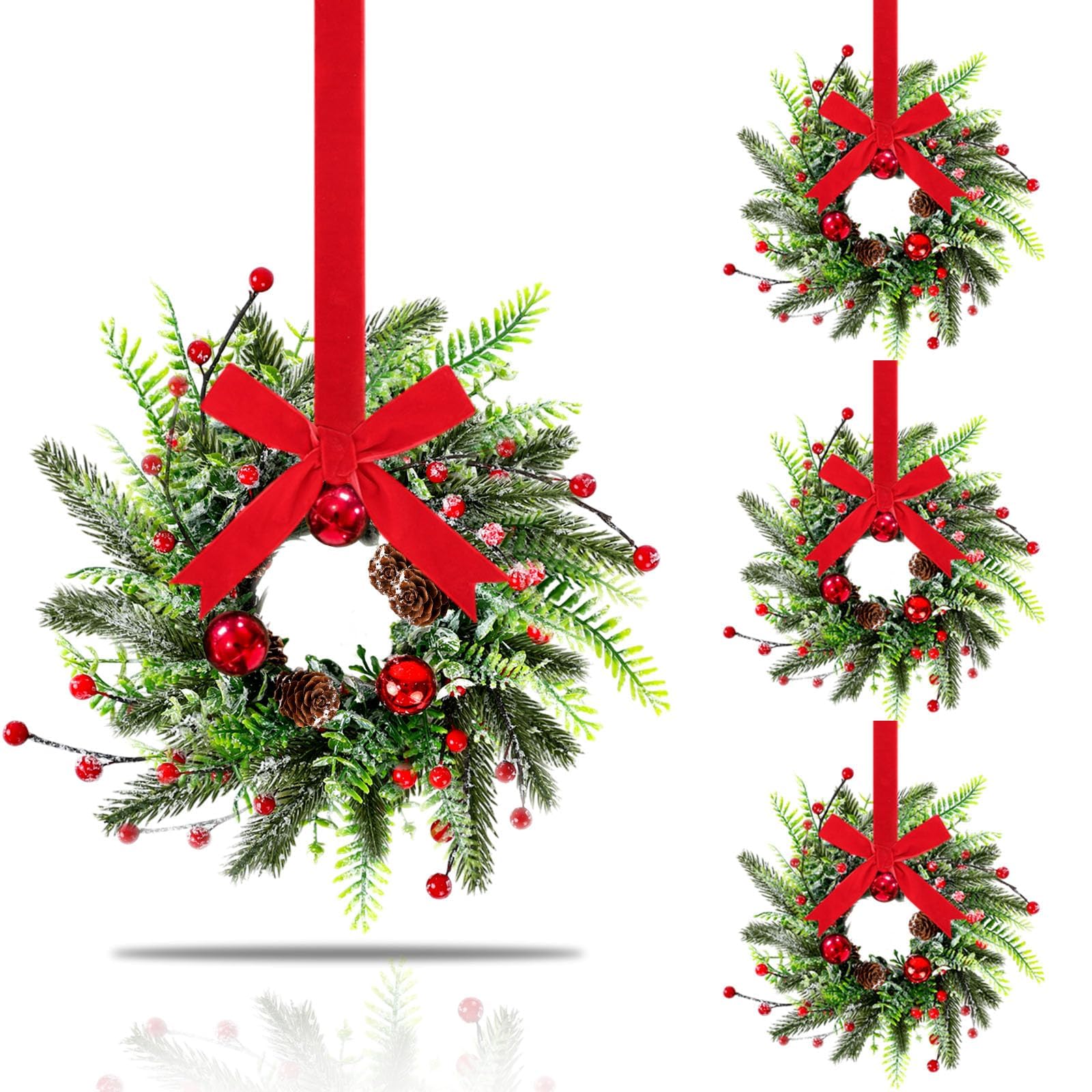 Photo 1 of 4 Pcs Mini Christmas Kitchen Cabinet Wreaths with Ribbon 9 Inch Mini Christmas Wreath with Red Balls Front Door Candle Rings Wreaths Xmas Fireplaces Table Centerpiece Indoor Outdoor Decorations