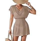 BreathSunny Womens Crochet Knit Slim Fit Beach Coverup Dress Summer 2025 V Neck Button Cap Sleeve Bathing Suit Cover Up