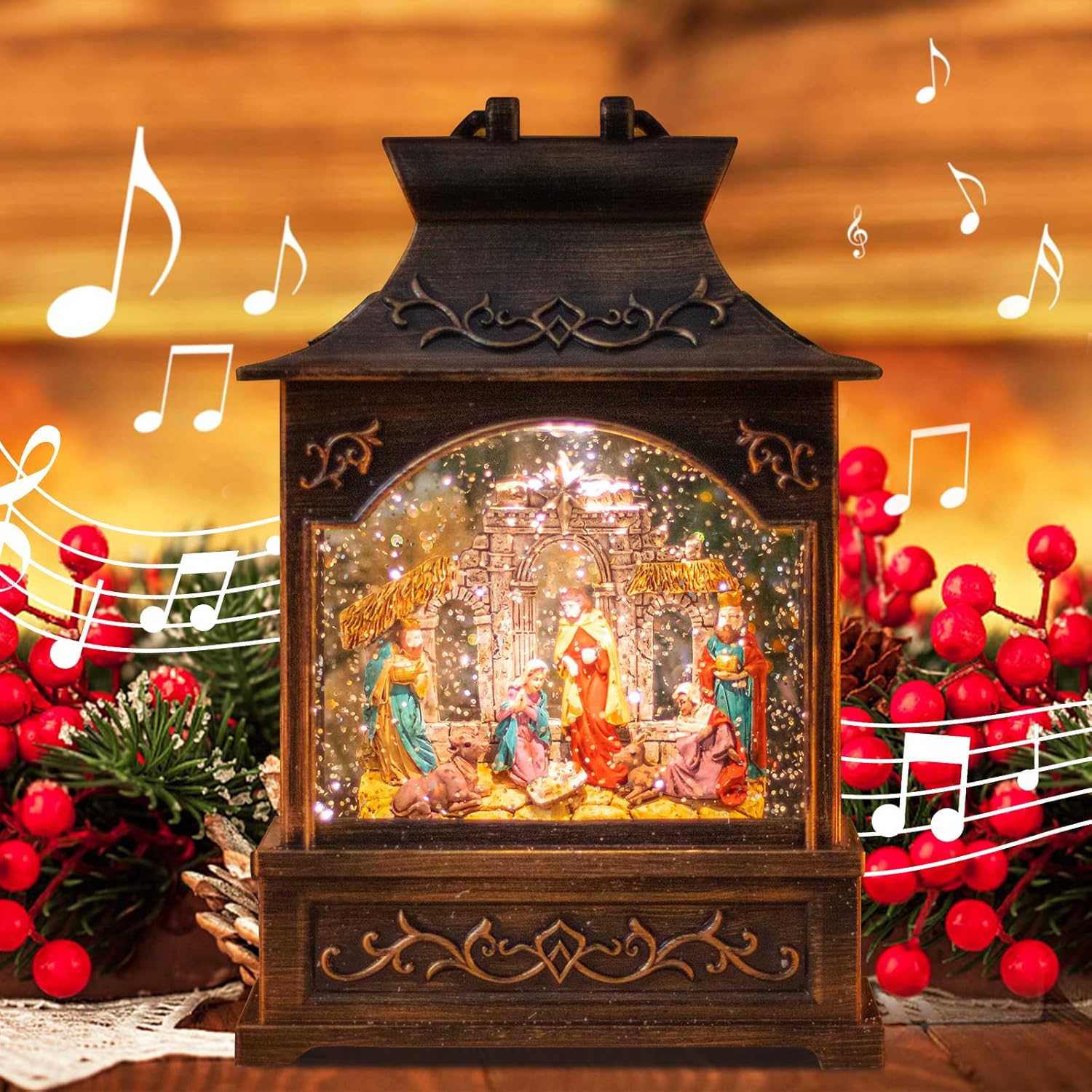 Snow Globes - MUMTOP Christmas Lanterns, Lighted Christmas Snow Globes, Musical Snow Globe with Swirling Glittering and Battery Operated LED Light Christmas Home Decor(Nativity)