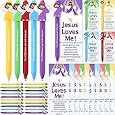 Sayglossy 25 Pcs Christian Pens Sets Christmas Christian Gifts Bulk Include Little Jesus Figures Ballpoint Pen and Jesus Loves You Card for Christmas Party