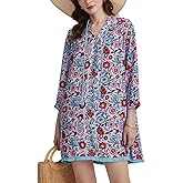 YEXPINE Women's Floral Print Cover Up Boho Tassel Tie Neck 3/4 Sleeve Casual Beach Summer Vacation Mini Dress