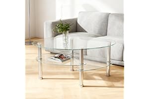 Oval Tempered Glass Coffee Table - Modern 3-Layer Transparent Glass Tea Table with Stainless Steel Legs, Small End Table for 