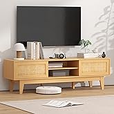 Wooden Rattan TV Stand for 55 65 70 inch TV, Long & Large TV Media Console Table with Storage Cabinets, Boho Farmhouse Entertainment Center for Living Room, Bedroom - Natural