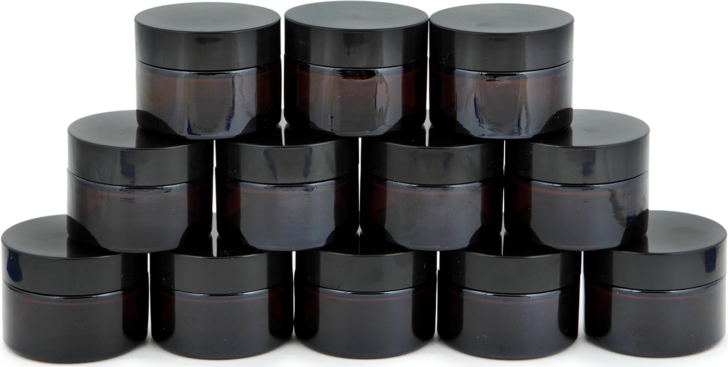 Vivaplex, 12, Amber, 1 oz, Round Glass Jars, with Inner Liners and Black Lids, brown, 1 Ounce (Pack of 12)