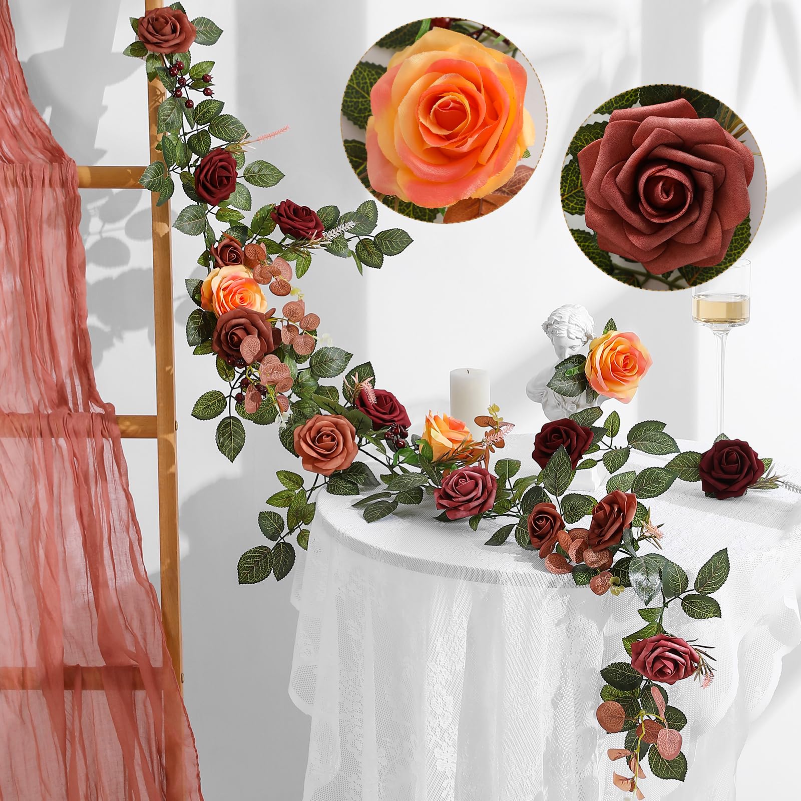 Garisey 5FT Artificial Rose Flower Burgundy Fake Floral Garland for Wedding Ceremony Backdrop Arch Flowers Table Centerpieces Decorations
