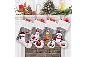 CARAKNOTS Grey Christmas Stockings Set of 4 Burlap Christmas Stockings with Embroidery Applique Santa Snowman Elk Penguin Faux Fur Large Xmas for Kids Family Baby Fireplace