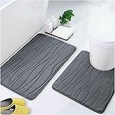 Luxury Flannel Memory Foam Bathroom Rugs Sets 2 Piece - 32x20 Bath Mat + 24x20 U-Shape Contour Rug, Water Absorption Soft Non Slip Thick Absorbent Washable Dry Fast for Bathroom Floor Mat（Grey Wave）