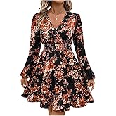 Floerns Women's Floral Tiered Ruffle Mini Flowy Dress Boho Wrap V Neck Long Sleeve Empire Waist Dresses