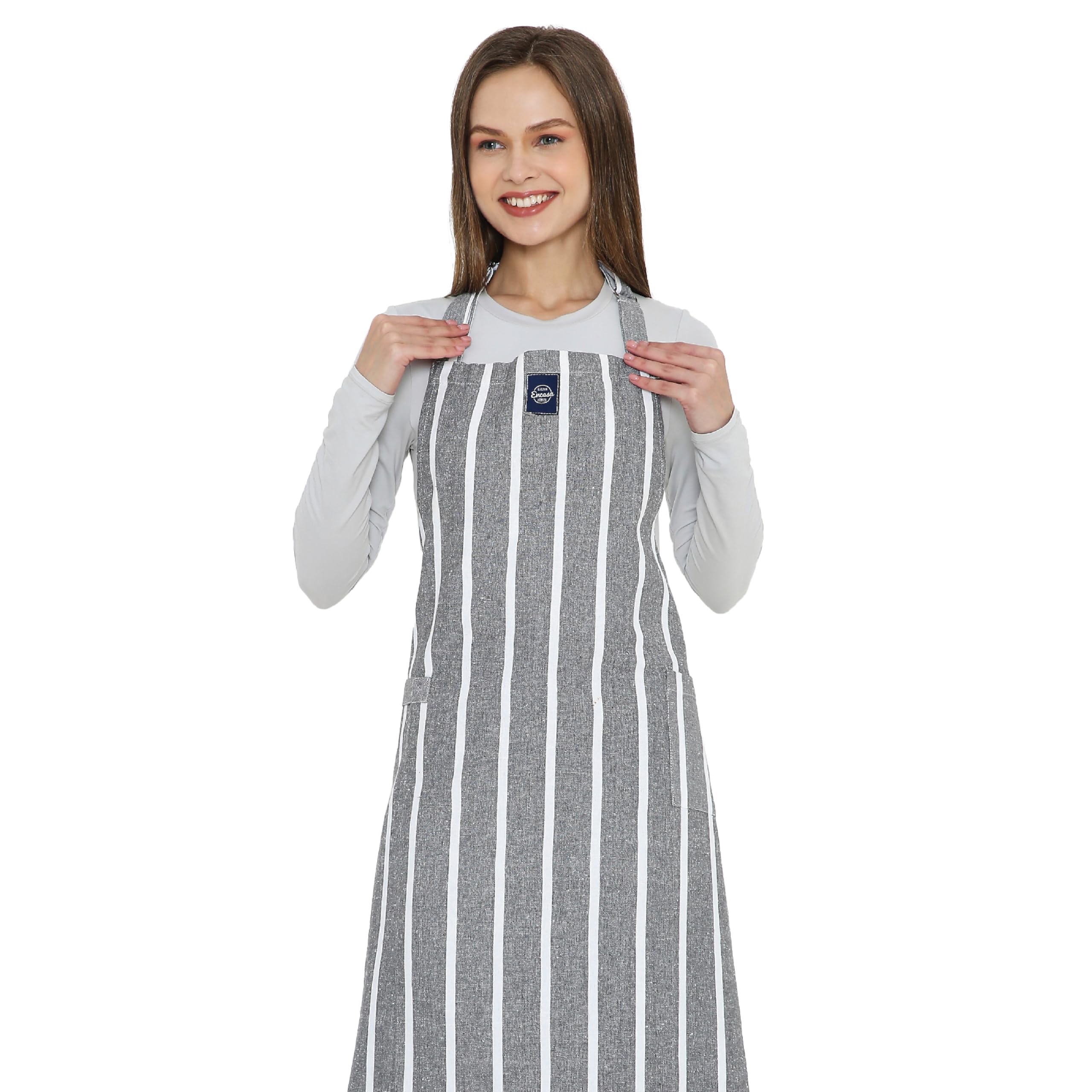 Encasa XO Adjustable Kitchen Cotton Apron With Pockets & Towel Holder Of Size 68x85 cm (Roma Grey Stripes) for Men & Women Chefs For Cooking & Baking in Home, Restaurants & Barbeque
