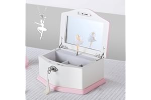 Jozen Gift Medium Ballerina Musical Jewelry Box with Mirror and Necklace for Girls,Kid's Jewelry Storage Music Chest- (white/pink)