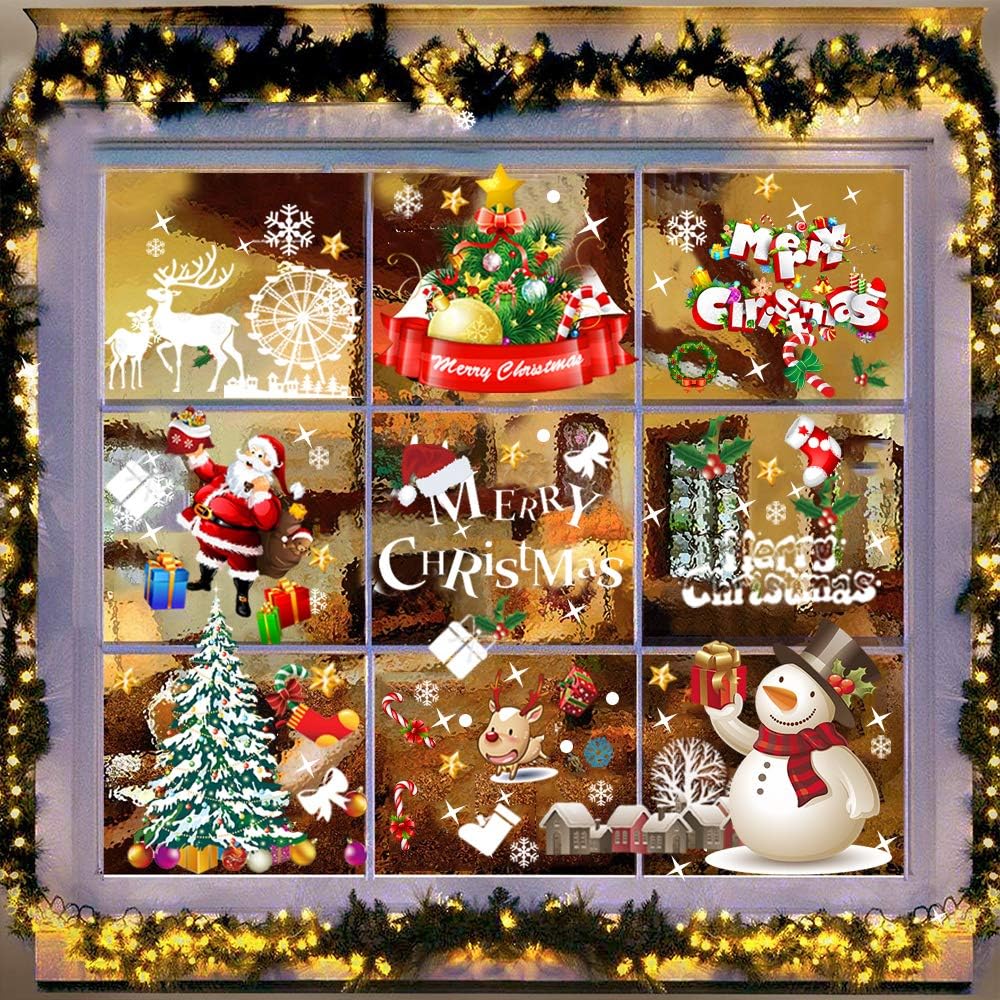 Rongyuxuan 3-in-1 Christmas Window Stickers Traceless Static Wall Stickers DIY Xmas Window Decorations Santa Claus Shop Window Clings Snowman Window Decals Reindeer Glass Stickers Wall Decor