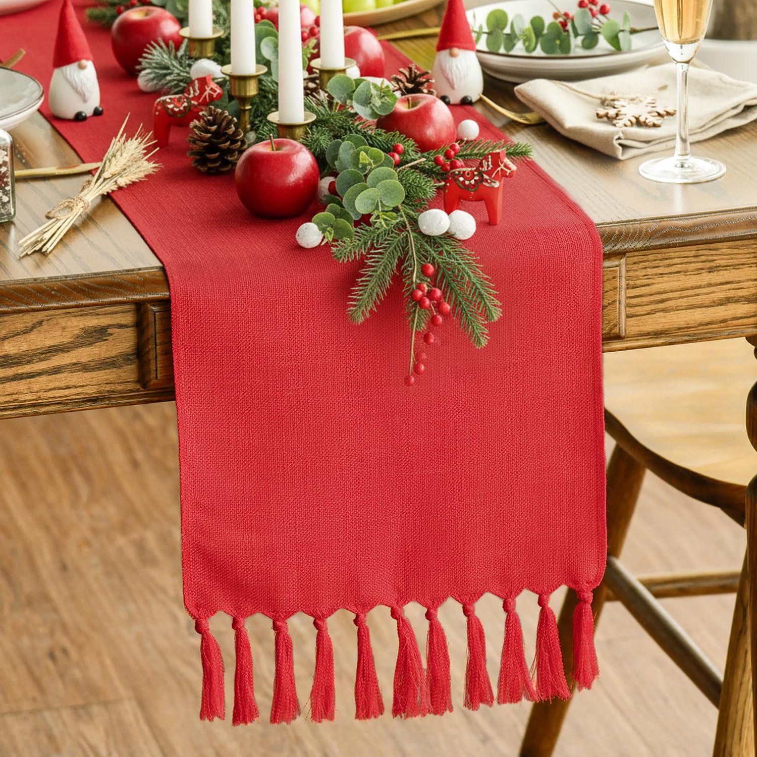 Artoid Mode Red Boho Rural Rustic Farmhouse Tassel Table Runner, 33x143 cm Spring Kitchen Dining Table Decoration Wedding Holiday Party Decor