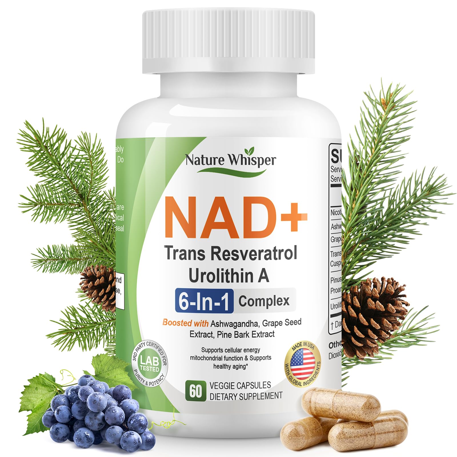 Nature Whisper NAD+ Resveratrol Supplements, 6-in-1 Complex with Trans-Resveratrol & Urolithin A, Ashwagandha, Grape Seed & Pine Bark Extract for Cellular Energy & Healthy Aging - 60 Capsules