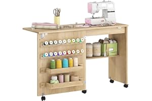 HOMCOM Table de couture pliante à roulettes avec porte de grange magnétique, 2 bacs, étagère de rangement, 18 chevilles, roue