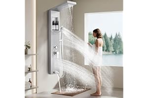 JAFETON Shower Panel System, Multi-Function Shower Tower With 5 Body Spray, 5 Handheld Settings & Shelf, Rainfall + Waterfall Shower Head, Rain Massage Spa System For Bathroom