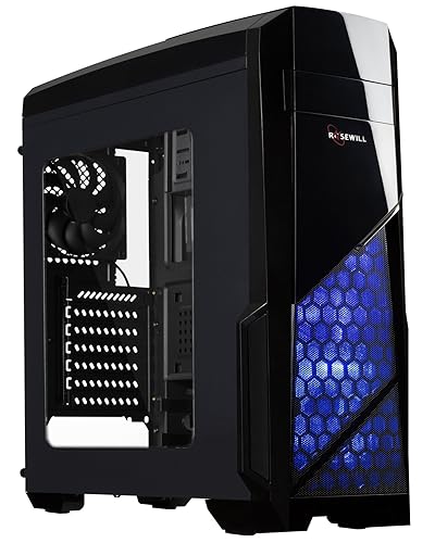 ROSEWILL ATX Case , Mid Tower Case with Blue LED Fan / Gaming Case for PC with Side Window Panel & 3 Fans Pre-Installed , Computer Case 2 x USB3.0 Port - NAUTILUS