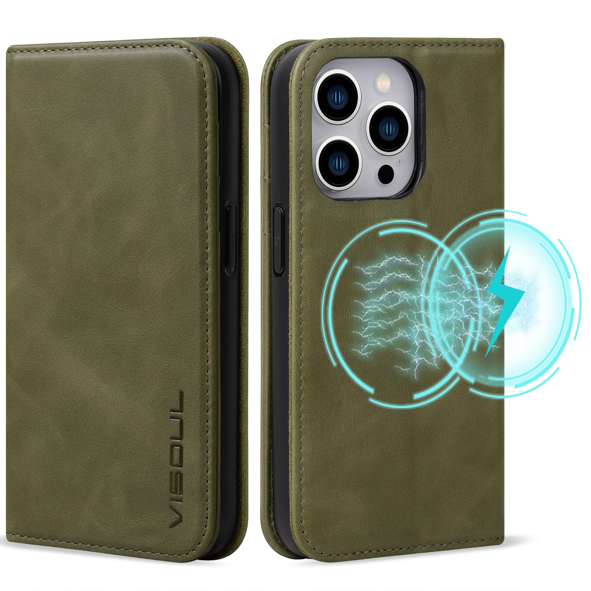 VISOUL Oil Waxed Genuine Leather Wallet Case Compatible with iPhone 15 Pro Max 6.7-inch 2023 with 4 Card Slot, Kickstand, Magnetic Flip Cover, Shockproof and Soft TPU Shell-Green โ image 1