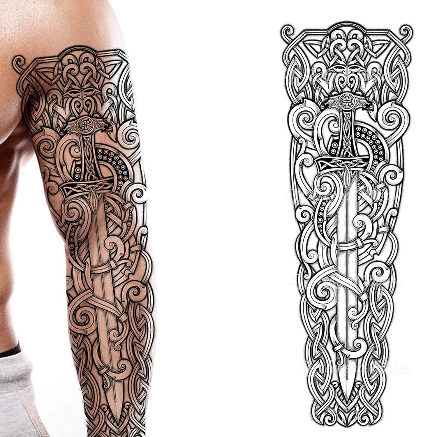 Tatodays temporary tattoo full arm sword viking celtic nordic stick on body art transfer for women and men cosplay halloween adult temp tattoo for arms medieval fancy dress party cosplay — image 1