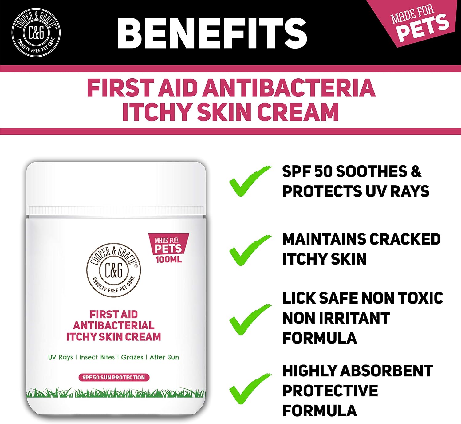 C&G Pets First Aid Antibacterial Itchy Skin Cream with SPF 50, White, 100 ml (Pack of 1) - Image 3